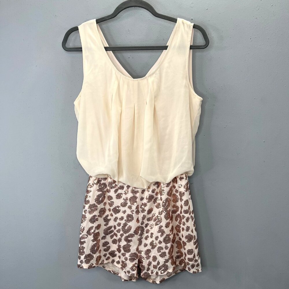 Alt B Romper Animal Print Sequin Cream Rose Gold L Bling Sleeveless Shorts
